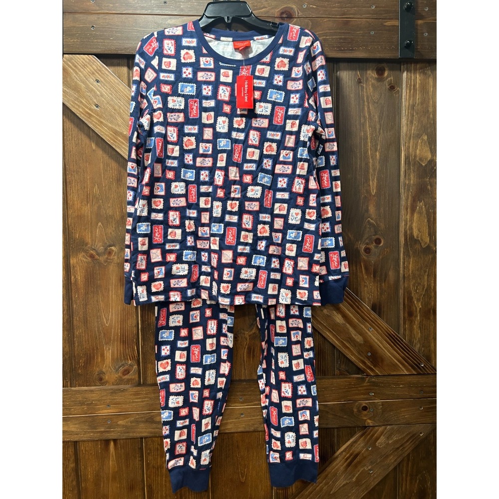 Roudelain Womens Long Sleeve Valentine  & Jogger Pajama Blue 2-Pcs Set Large